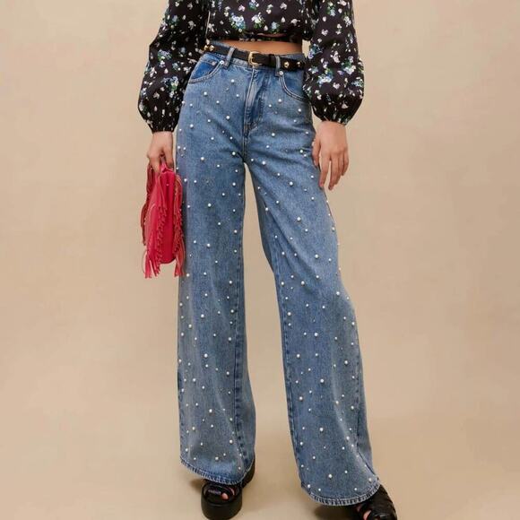 Maje Pants - Maje Wide Leg Jeans Beaded Embellishment FR 40 US L​